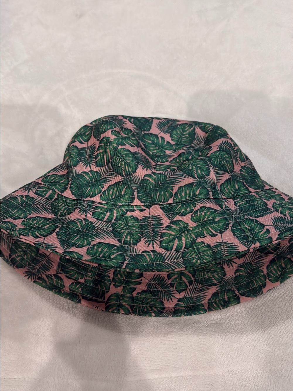 Palm Leaf Print Bucket Hat in Pink and Green